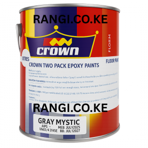 A metal can of Crown Two Pack Epoxy Floor Paint in the Gray Mystic color, featuring a bold red, blue, and yellow design with the Crown logo on the label. - rangi.co.ke