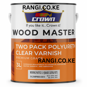 Crown Two Pack Polyurethane Clear Varnish can – durable high-gloss protective finish for wood and metal surfaces.