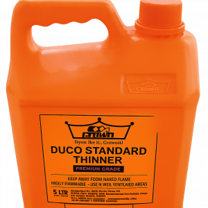 Orange 5-litre Crown Duco Standard Thinner container sold at Rangi Paint Store, featuring a handle, screw cap, and front product label.