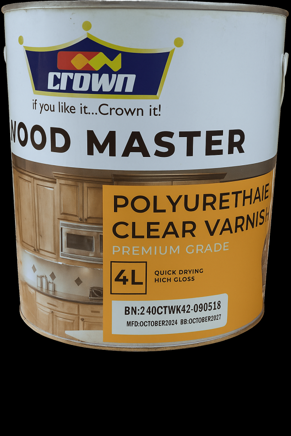 Crown Polyurethane Clear Varnish tin – durable clear wood finish available at Rangi Paint Store Nairobi.
