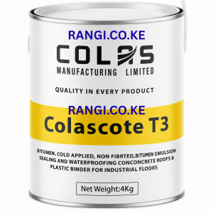 Colascote bituminous waterproofing coatings T3 T5 T7 used for roof slab, gutter, and concrete waterproofing protection in Kenya