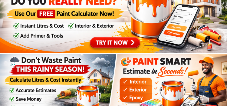 How much paint needed for a 3 bedroom house in Kenya showing paint buckets, rollers and painted interior walls