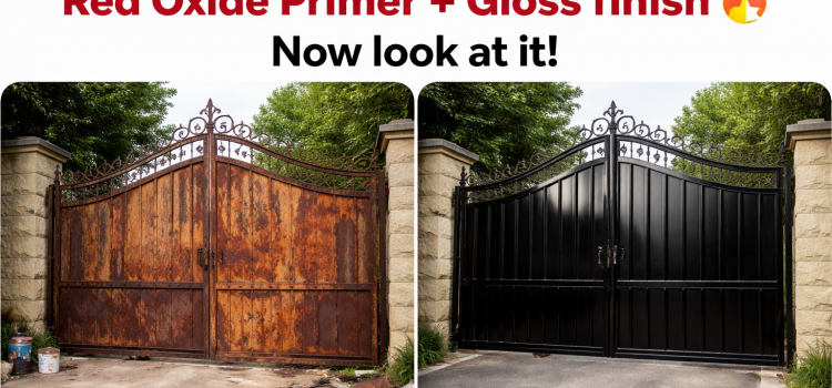 Before and after metal gate rust removal in Kenya using red oxide primer and gloss paint