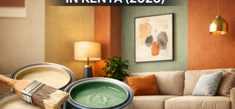 Trending interior paint colours in Kenya 2026 featuring soft white, warm cream, light grey, pastel blue and green, stylish living room, and Rangi Paint Store logo
