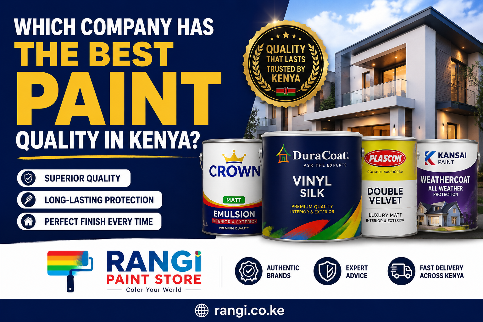 Best paint brands in Kenya including Crown Paints, Duracoat, Plascon and Basco for interior and exterior walls in Nairobi Kenya