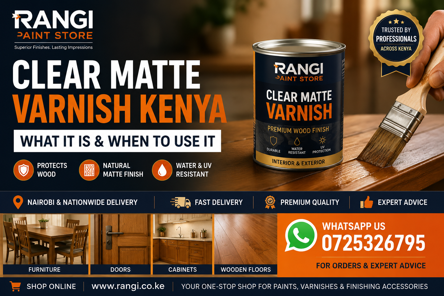 Clear matte varnish applied on wooden furniture in Kenya showing natural wood grain protection