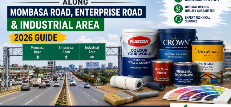 Top paint shops along Mombasa Road, Enterprise Road and Industrial Area Nairobi featuring Crown Paints, Plascon, Duracoat, primers, waterproofing products and paint delivery services.