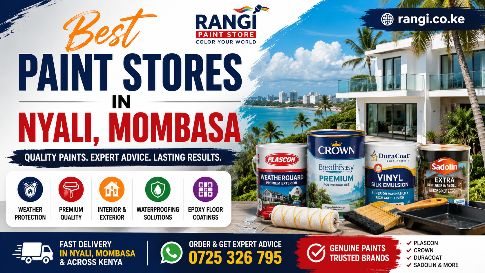 Best paint stores in Nyali Mombasa supplying genuine Plascon, Crown, Duracoat, waterproofing products, epoxy floor coatings and painting accessories with delivery across Kenya