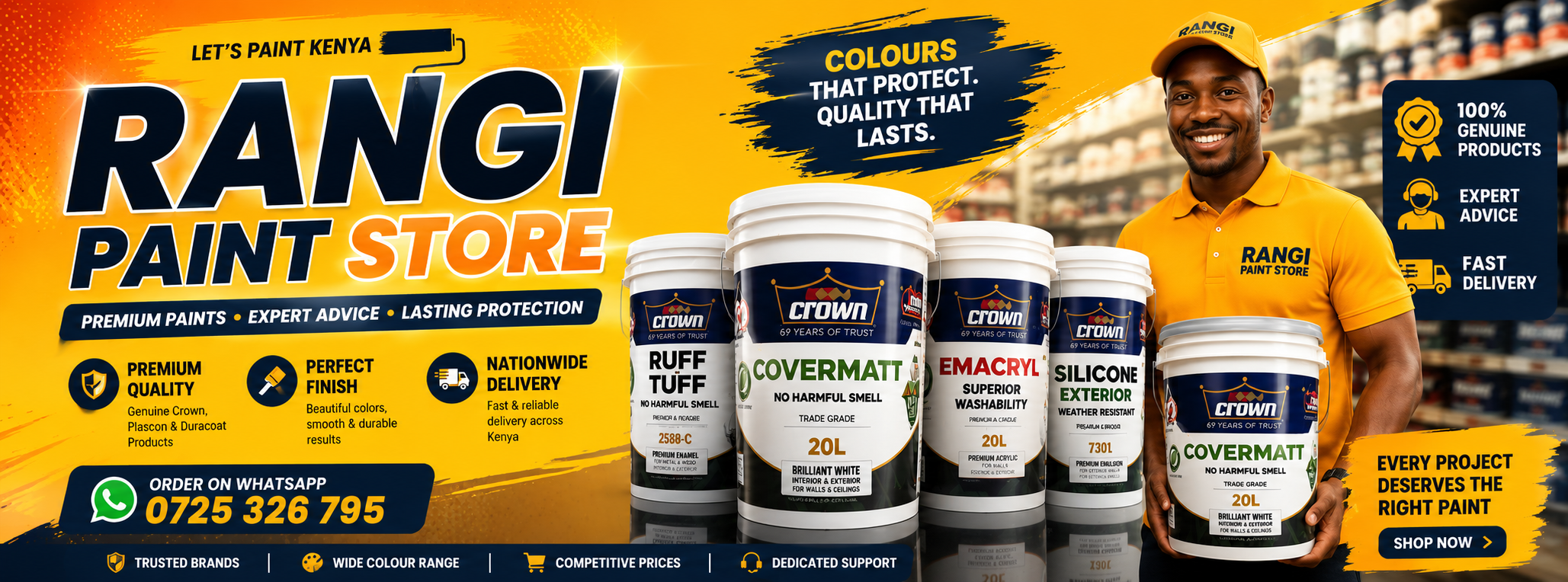 Rangi Paint Store Kenya supplying Crown, Duracoat and Plascon paints with fast delivery in Nairobi